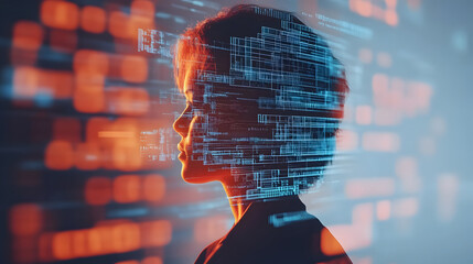 Poster - Silhouette of a person with digital data overlay in a futuristic setting