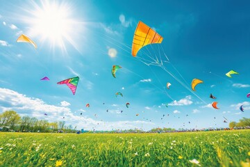 vibrant kite festival on a wide open field with colorful kites flying against the bright blue sky. f