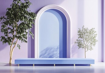 Wall Mural - Pastel platform, archway, plants, sunlight, studio, product display