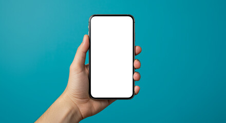 Poster - Smartphone in hand with blank screen for mockup. Hand holding smartphone with white screen. Smartphone mockup in hand on blue background