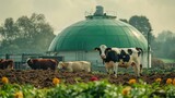 Cows graze peacefully in a field with biogas plant behind