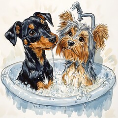 Canvas Print - Two Adorable Dogs Enjoying a Bubble Bath