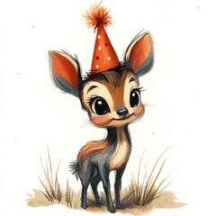 Canvas Print - Adorable Baby Deer in Party Hat Watercolor Illustration.