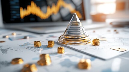 Poster - pyramid of coins and digital financial graph on desk in office workspace