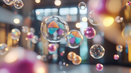 Poster - Mesmerizing Iridescent Soap Bubbles with Vibrant Reflections and Kaleidoscopic Bokeh Effects