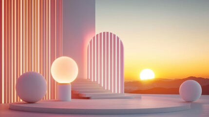Poster - surreal geometric architectural scene with spheres and arches at sunset