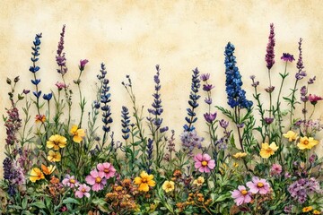 Canvas Print - Assorted Wildflowers in Bloom with Textured Beige Background in a Garden Display