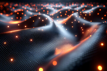Poster - Abstract Dark Wavy Surface with Glowing Orange Dots Digital Art Background