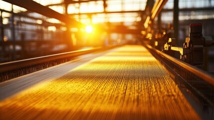 Poster - Golden Sunset in Industrial Warehouse with Machinery and Light
