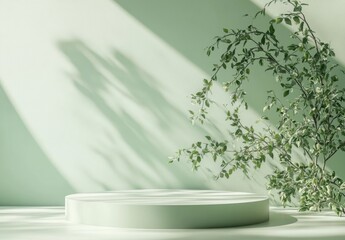 Wall Mural - Green studio podium, sunlit leaves, pastel backdrop, product display