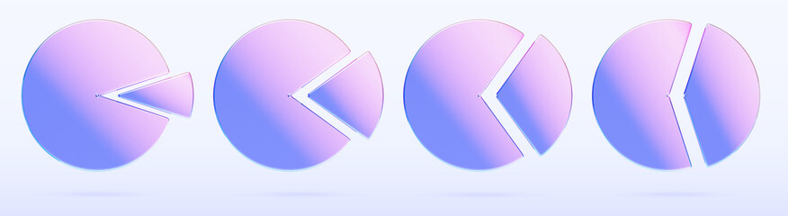 Poster - 3d set of glass morphism holographic pie chart icon with different percentage of share. Render circle diagram for business infographic, data analysis statistics, financial graph. 3D illustration