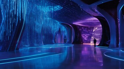 Poster - a blue and purple background fades into a futuristic room with neon lines shining like stars on the 