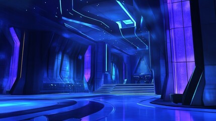 Poster - a blue and purple background fades into a futuristic room with neon lines shining like stars on the 