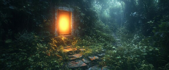 Wall Mural - Glowing Portal Beckons From Lush Forest With Stone Path Leading to Illuminated Doorway