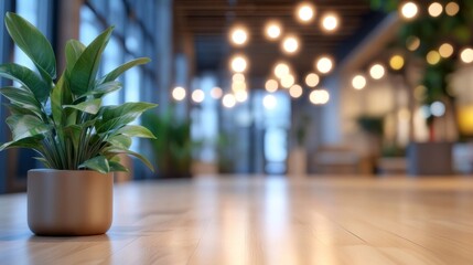 Poster - A stunning blurred image of a light and modern office space, designed with indoor plants and a wood plywood floor. The background focuses on the empty space within the office.