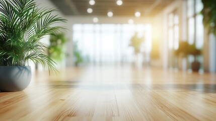 Poster - A stunning blurred image of a light and modern office space, designed with indoor plants and a wood plywood floor. The background focuses on the empty space within the office.