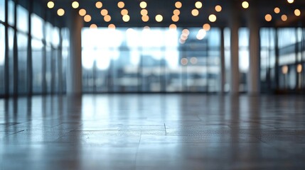 Poster - an empty office space with no walls or partitions. the background is blurred with many small lights,