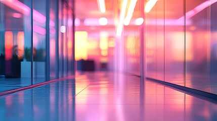 Poster - An empty and blurred office space with colorful lights in the background.