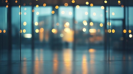 Poster - an empty office space with no walls or partitions. the background is blurred with many small lights,