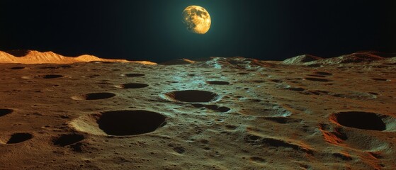 Wall Mural - dramatic lunar landscape featuring craters and mountains under a glowing moon in a dark sky cosmic e