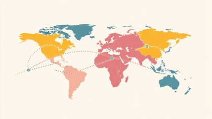 World map displays continents with routes and destination markers