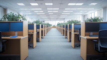 Poster - Due to the global pandemic known as the coronavirus crisis, many modern offices with plants and rental spaces are now empty due to stay-at-home orders.