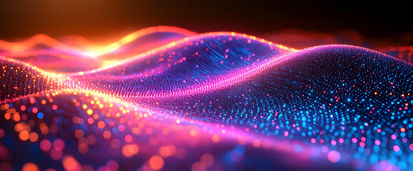 Poster - Abstract Wavy Particle Surface with Blue and Pink Lights on Black Background