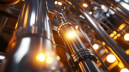 Poster - Industrial Pipes and Tubes with Bright Lights in Modern Factory