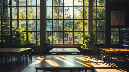 Poster - Modern office space with big windows that let in lots of natural light. It's an open space design that's meant to make people work together better and be more creative.