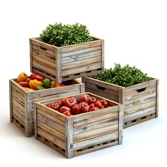 Wall Mural - Fresh fruits in wooden boxes isolated on white background.