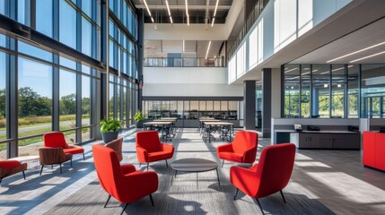 Poster - Modern office space with big windows that let in lots of natural light. It's an open space design that's meant to make people work together better and be more creative.