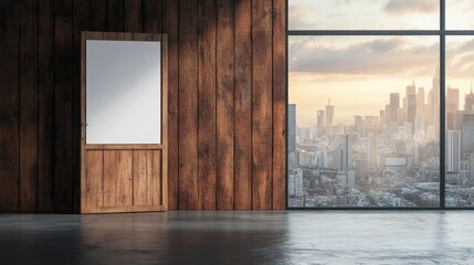 Poster - Modern office with an open door to a meeting room. A blank poster hangs on the wooden wall, with a city view in the background. Concept of business and collaboration.