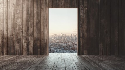 Poster - Modern office with an open door to a meeting room. A blank poster hangs on the wooden wall, with a city view in the background. Concept of business and collaboration.