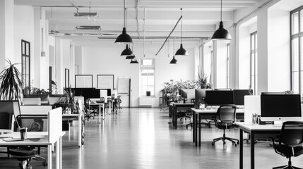 Poster - Modern office with computers and desks in black and white. Spacious room with rows of workstations for employees.