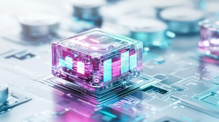 Poster - vibrant futuristic circuit board with glowing microchips and interconnected patterns