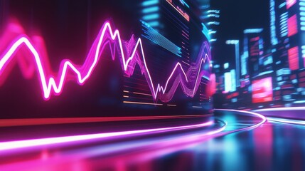 Poster - Neon City Skyline with Financial Data Display at Night