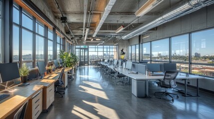 Poster - Open office space with gray walls, concrete floor, large windows with views of the city, and rows of computer tables. White and wooden colors dominate the tables.
