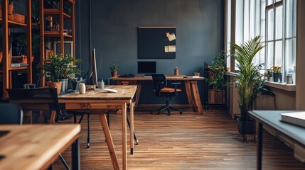 Poster - Spacious office with natural light, featuring a simple gray wall, warm wooden floor, and natural furnishings. Perfect for creative work.