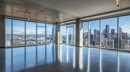 Poster - Spacious, open room with industrial-style concrete flooring and large windows offering stunning city views.