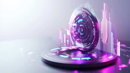 Poster - Futuristic Holographic Sphere Projection in Sleek Geometric City Skyline