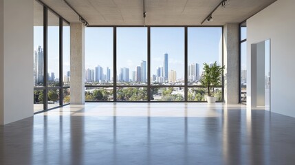 Poster - Spacious, open room with industrial-style concrete flooring and large windows offering stunning city views.