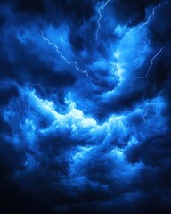dramatic blue storm clouds illuminated by lightning strikes creating a powerful and atmospheric scen