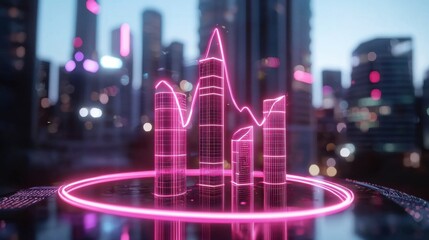 Poster - futuristic glowing cityscape with neon skyscrapers and financial data visualization