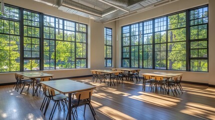 Bright, open classrooms with big windows create a welcoming environment for students and teachers. The spacious layout encourages collaboration and learning.
