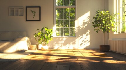 Poster - cozy living room with sunlight streaming through a window, casting shadows from leaves onto the wood