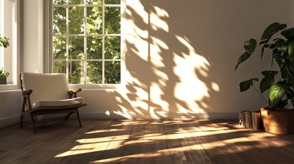 Poster - cozy living room with sunlight streaming through a window, casting shadows from leaves onto the wood