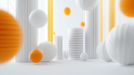 Poster - Minimalist Geometric Architectural Concept with Spheres and Columns in White and Yellow Colors