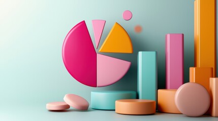 Poster - Colorful Abstract Geometric Shapes Composition in Pastel Tones on Blue Background