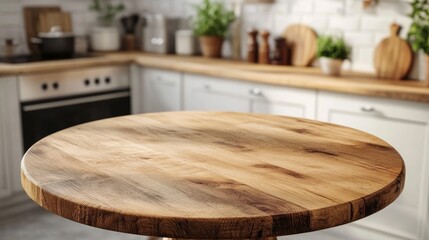 Poster - round wooden table in a bright kitchen, perfect for food or product displays.