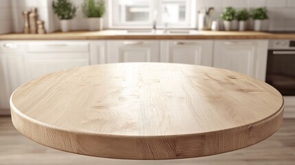 Poster - round wooden table in a bright kitchen, perfect for food or product displays.